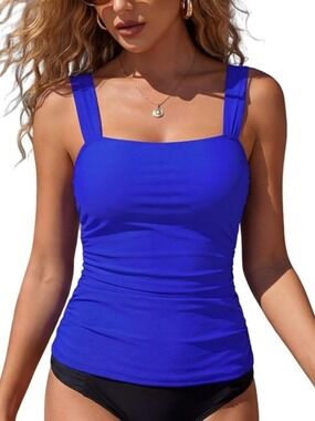 ✨RELLECIGA Royal Blue Bandeau Tankini Top Ruched Tummy Control Large NWT